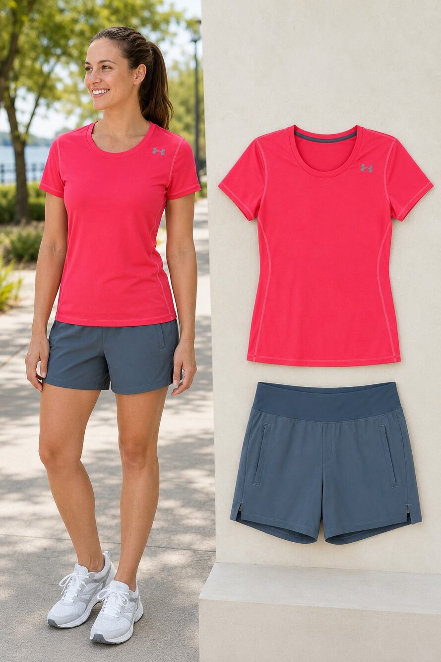 Under Armour HeatGear Pink Shirt Gray Shorts Women’s Athletic Outfit Lot M